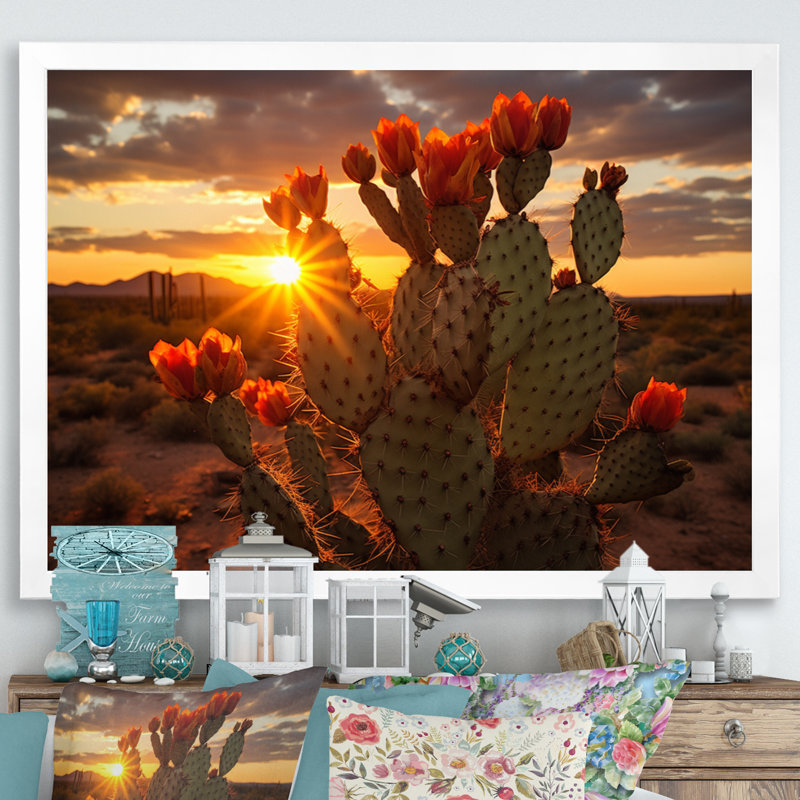 Champ de cactus rouge et vert avec coucher de soleil III - impression, H 12 po x l 20 po x P 1 po, Cadre simple blanc