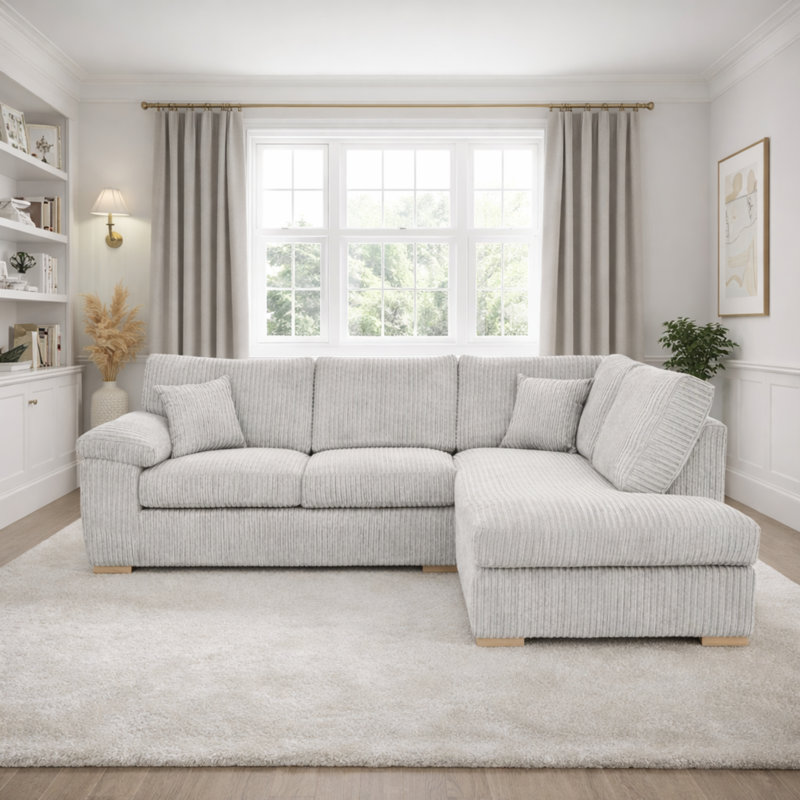 4 Seater Corduroy Sofa & Chaise, Right Hand Facing, Silver