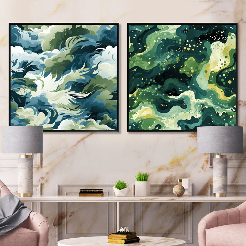Cynne - Ensemble de 2 collages carrés abstraits, Cadre flottant noir, H 16 po x l 33 po