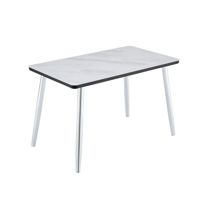 Modern Minimalist Rectangular Dining Table, Tempered Glass Countertop+Lower MDF Board,Imitation Marble Texture, Metal Tapered Legs