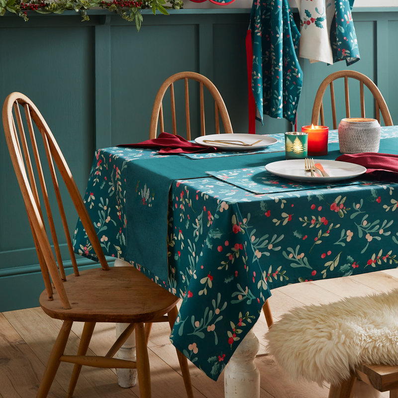 Christmas Holly and Mistletoe Cotton Table Cloth, 137cm W x 178cm L