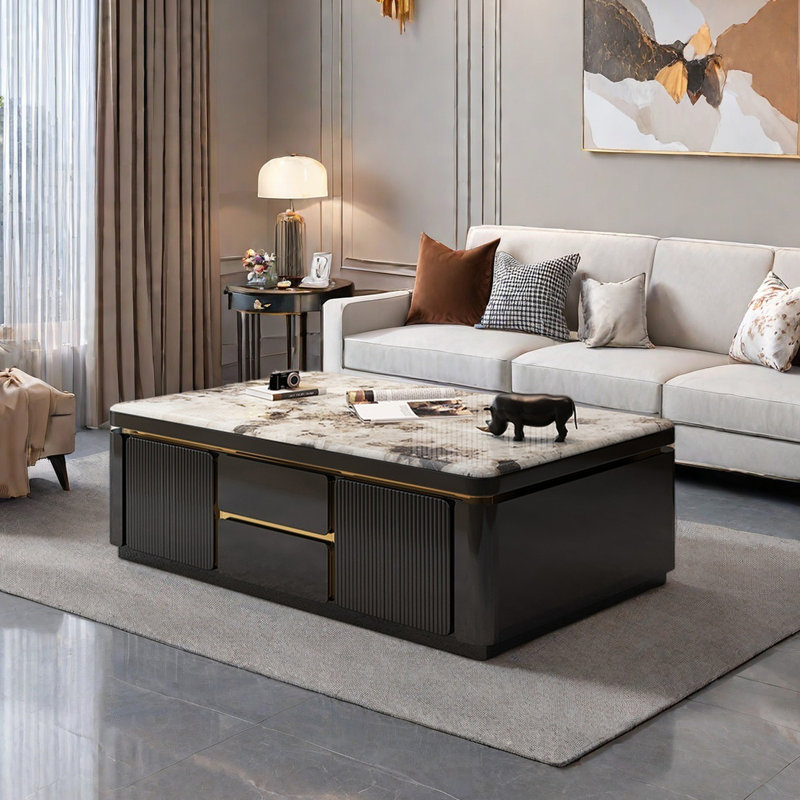 Table basse Luxury-lite rectangulaire en marbre, H 18,11 po x L 55,11 po x l 31,49 po, Black/Gray