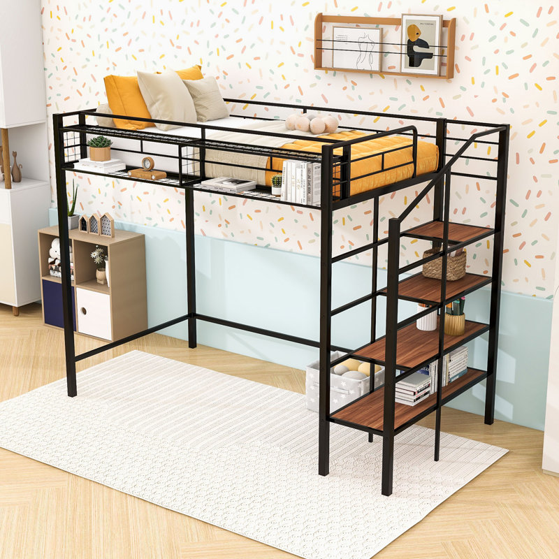 Twin Size Metal Loft Bed With Integrated Storage And Contemporary Design, Black