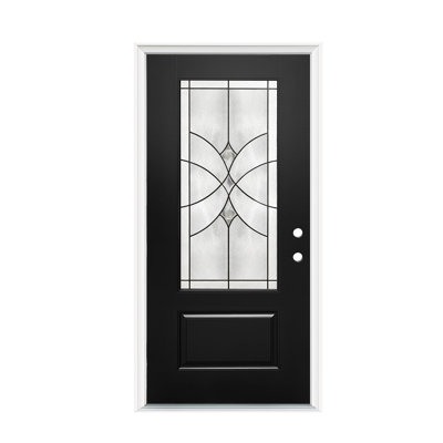36"x80" Fiberglass Exterior Door with White 4-9/16" PVC Frame & Brickmould, Contemporary Minimalist Brushed Skin with Decorated Dlass