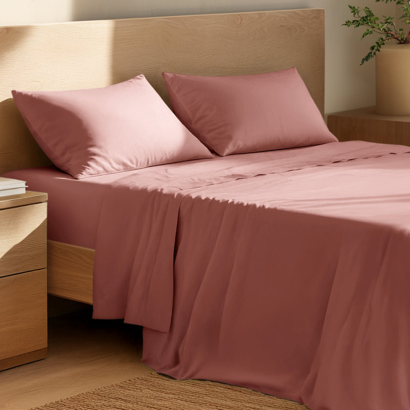 Ensemble de draps 100% coton percale, Ensemble de draps pour grand lit avec 2 taies d'or, Vieux rose