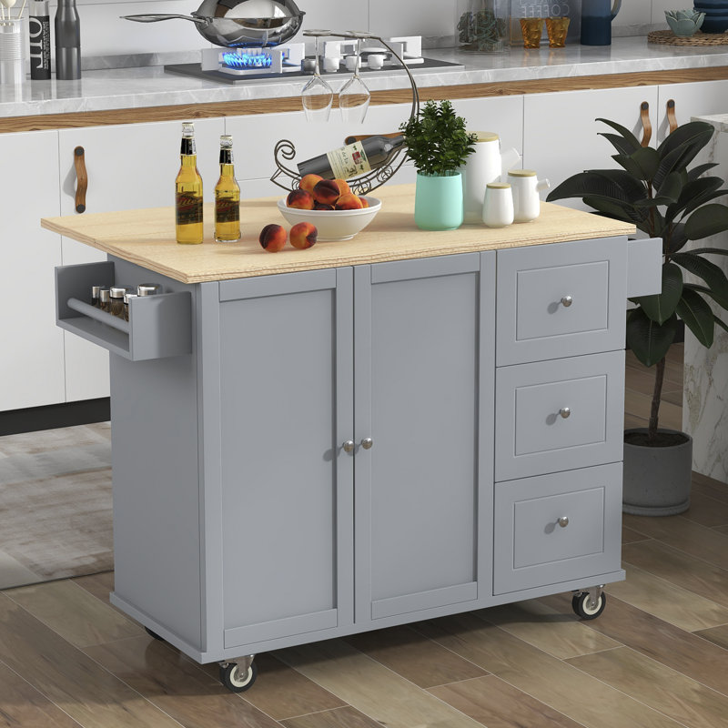 Rolling Mobile Kitchen Island with Solid Wood Top and Locking Wheels,52.7 Inch Width,Storage Cabinet and Drop Leaf Breakfast Bar,Spice Rack, Towel Rack & Drawer