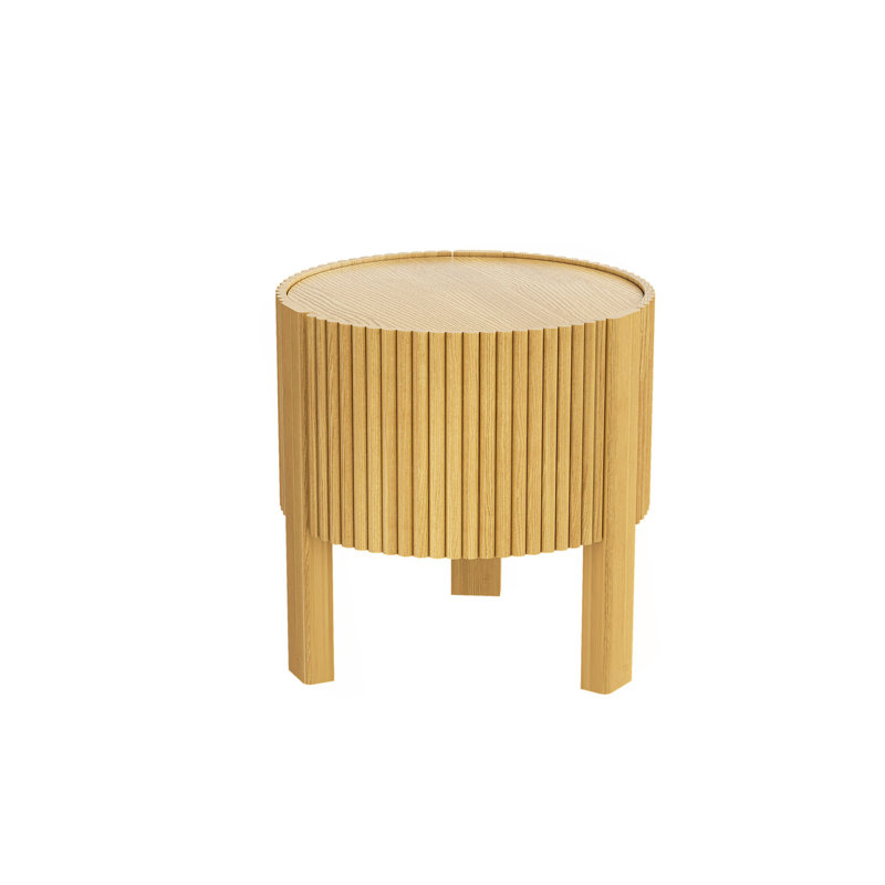 Table d'appoint ronde cannelée avec rangement pour le salon, bois d'hévéa massif, porte à fermeture en douceur