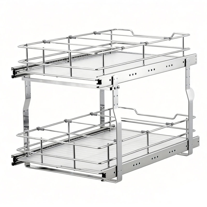 Pull-Out Heavy Duty Double-Layer Drawer Basket for Cabinets – Carbon Steel with Electroplated Finish, Smooth Glide Slides, Space-Saving Storage Organizer