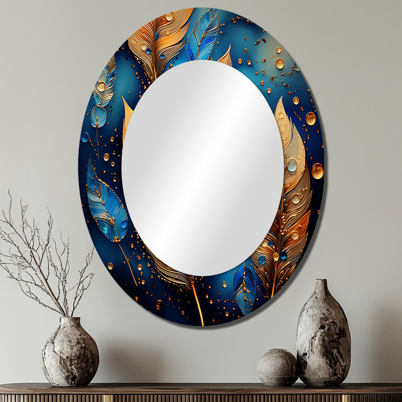 Boho Glam Gold Feathres On Cosmic Blue - Blue Bohemian Oval Wall Mirror, 40" x 30"
