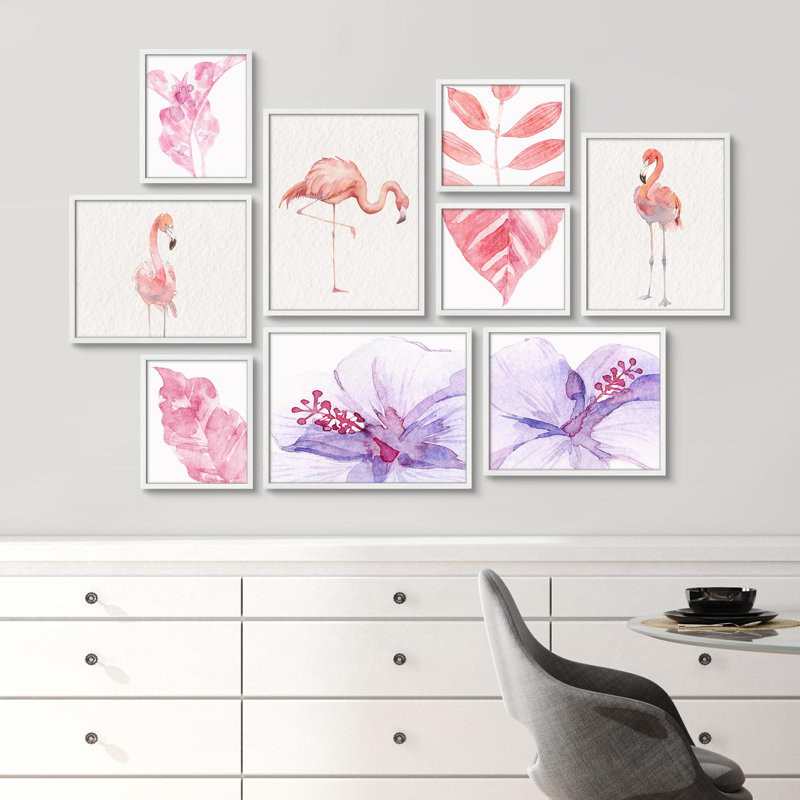 «Tropical Bliss», aquarelle, flamant rose et feuillage tropical, illustrations, art moderne, petit décor, Blanc