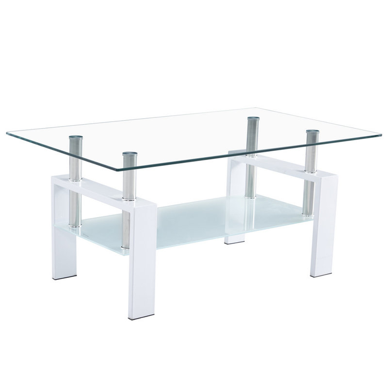 Table basse à 4 pieds avec rangement Alla, Blanc, Transparent, H 16,93 po x L 39,37 po x l 23,62 po