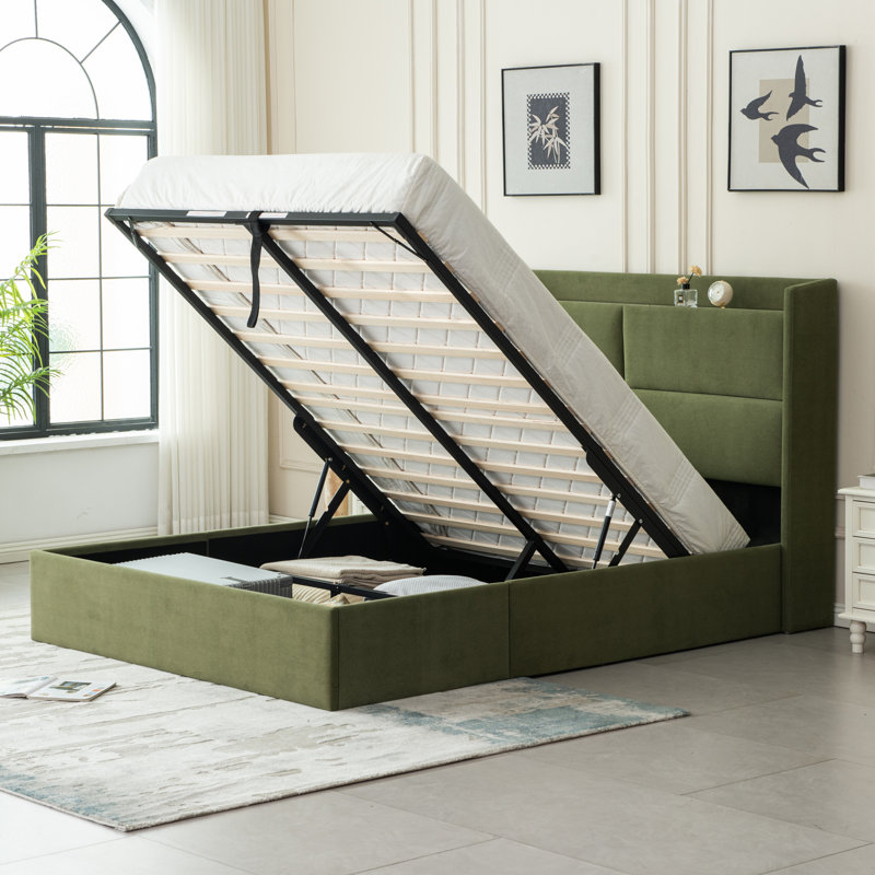 Upholstered Platform Bed with Hydraulic Lift, Queen, Green