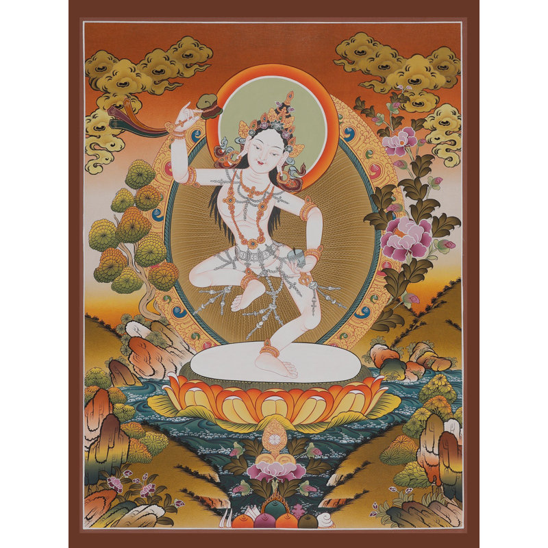 Art mural Khandume Thangka - Dakini bouddhiste tibétain peint à la main, toile Brocadeless avec or 24 kt, décor d'énergie féminine sacrée