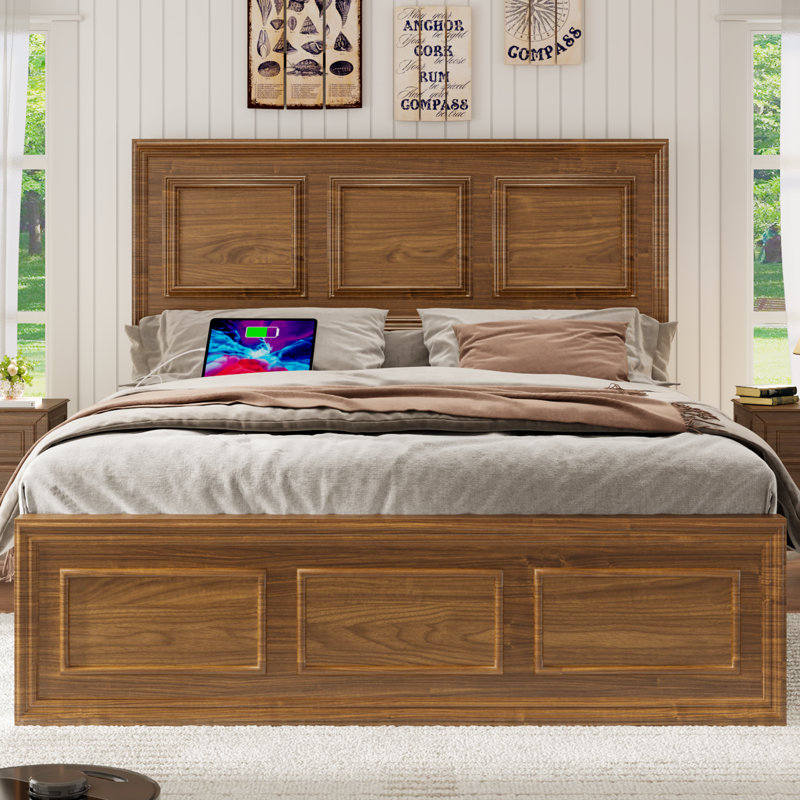 Platform Bed with LED Adjustable Headboard and Charging Port, Brown, Queen