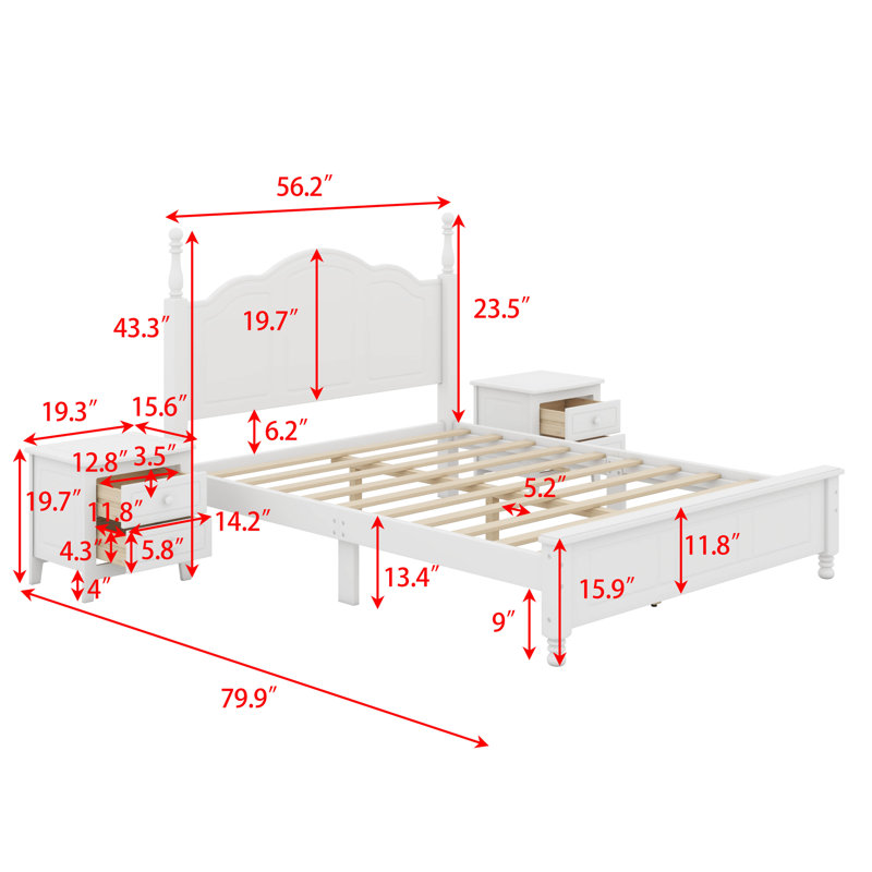 Ensemble de chambre à coucher moderne 3 pièces avec lit plateforme et 2 tables de chevet avec tiroirs, Lit double, Blanc