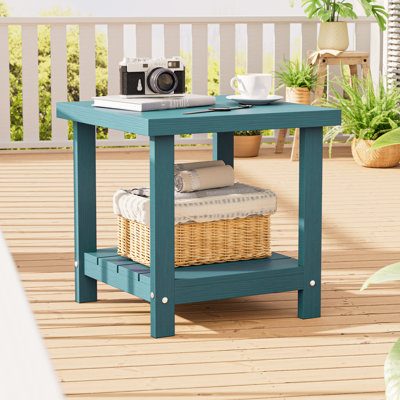 Table d'appoint extérieure en PEHD avec tablette de rangement à 2 niveaux, table de patio rectangulaire Adirondack résistante aux intempéries pour piscine, porche