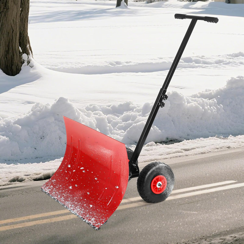 Heavy Duty Snow Shovel with Wheels,Steel Dual Handle Push Snow Pusher Shovel for Driveway Snow Removal, 5-Position Angle & Height Adjustable Handle, Sidewalk Yard Snow Plow