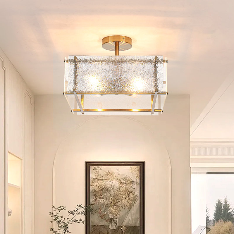 4 Light Glass Geometric Semi Flush Mount, Brushed Gold