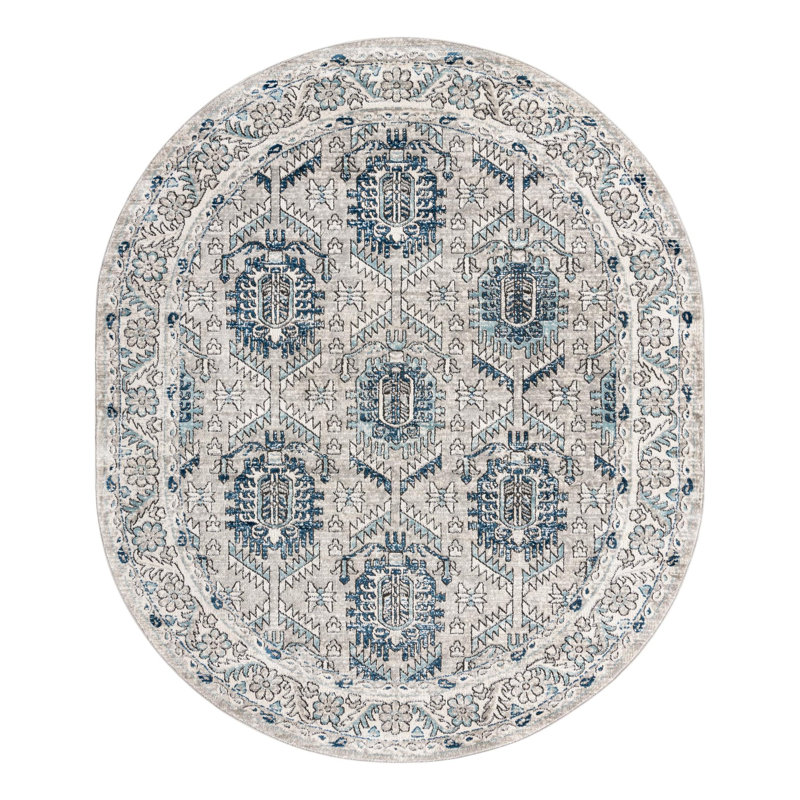 Tapis gris / ivoire / bleu Weingartner, Ovale 7 pi 10 po x 10 pi