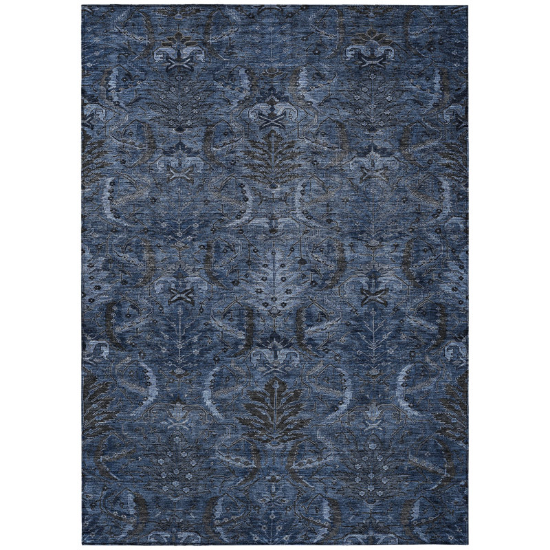 3' X 5' Navy Blue And Charcoal Damask Washable Indoor Outdoor Area Rug