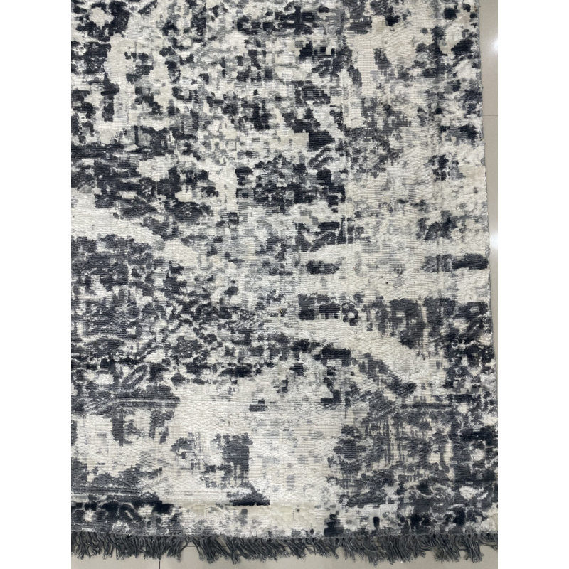 7x9 Ivory Hand-Knotted Wool Pixelated Distressed Abstract Modern Contemporary Carpet Rug
