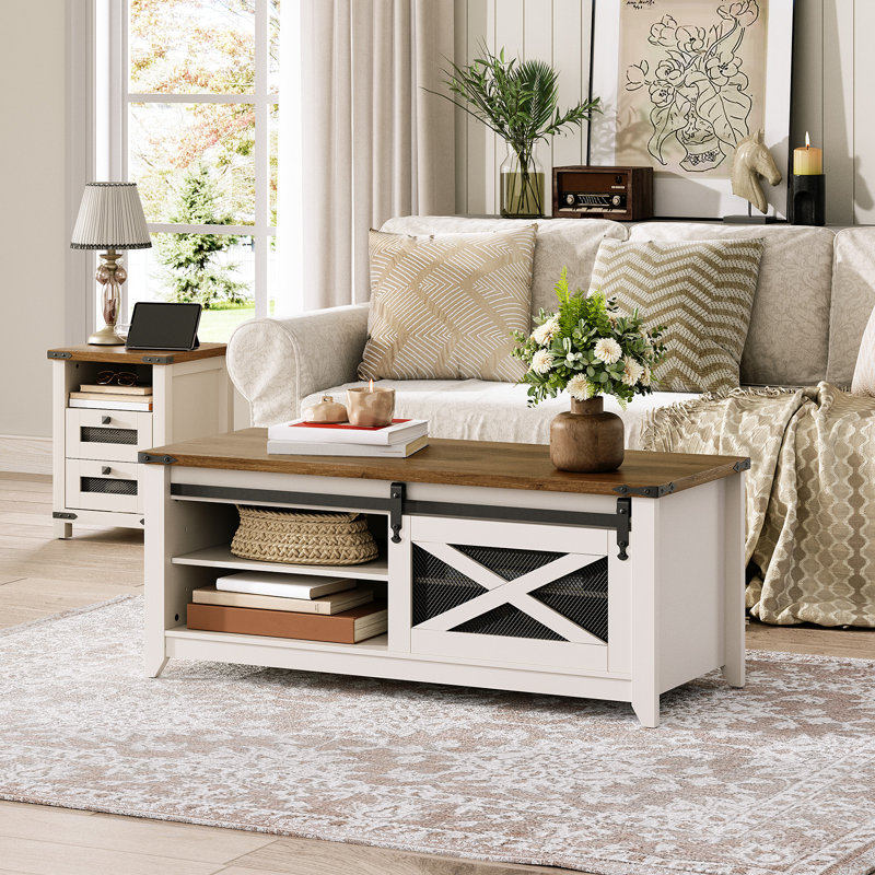 Table basse, table basse avec rangement et porte de grange coulissante pour salon Alsacia