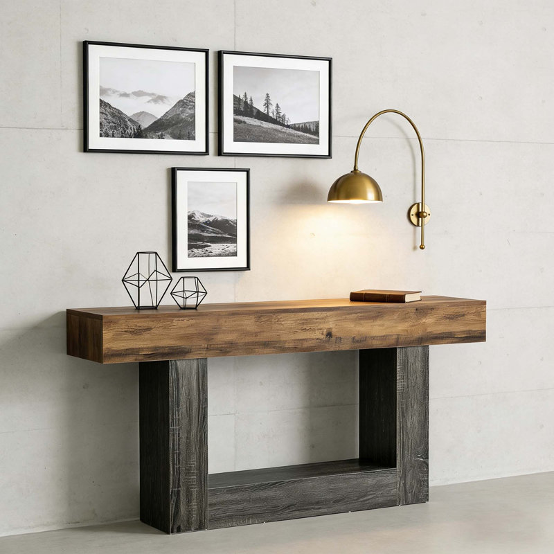 Console de 63 po en bois, table d'entrée à 2 niveaux, Brun