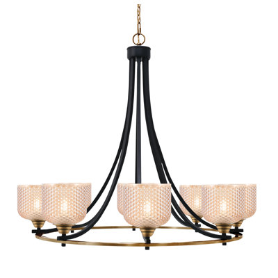 Somerville 8 Light Uplight Chandelier Shown In Matte Black & New Age Brass Finish With 6" Amber Textured Glass