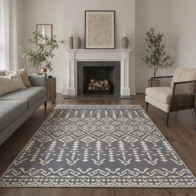 Zennor Boho Oriental Machine Washable Grey / Beige Indoor Area Rug with Non-Slip Backing