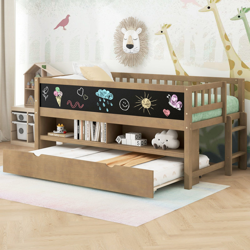 Lit mezzanine bas en bois avec tablettes de rangement, Noyer