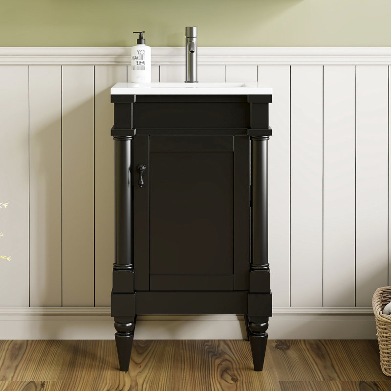 Meuble-lavabo de 18 po - Design rétro noir, construction, rangement organisé, lavabo en céramique avec trou de déversement, idéal pour les petites salles de bain