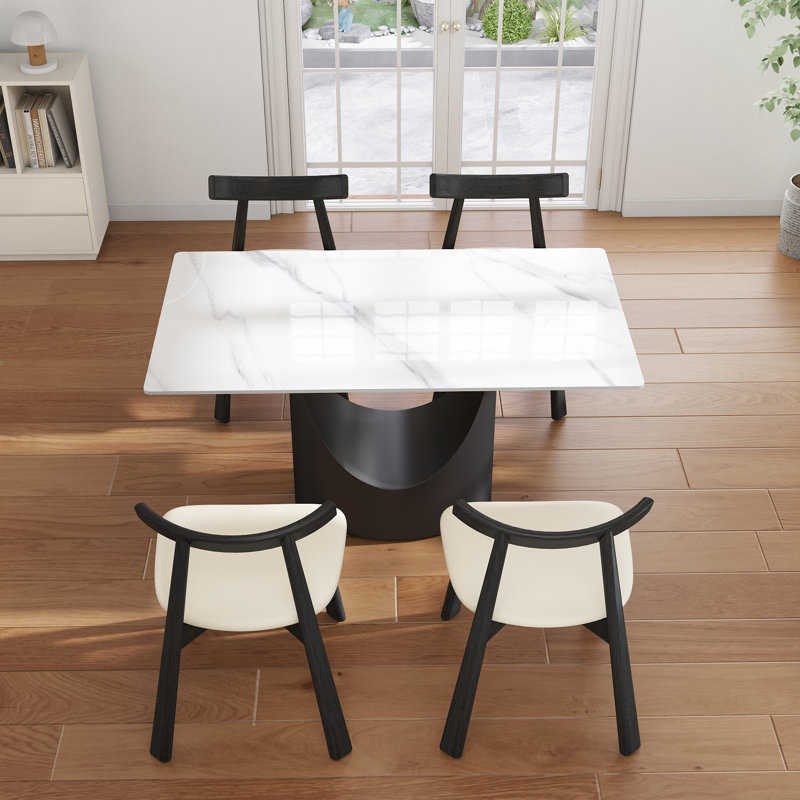 5-Piece Modern Rectangular Sintered Stone Dining Table Set With 4 Faux Leather Chairs, Beige/Black, Snow White, Black