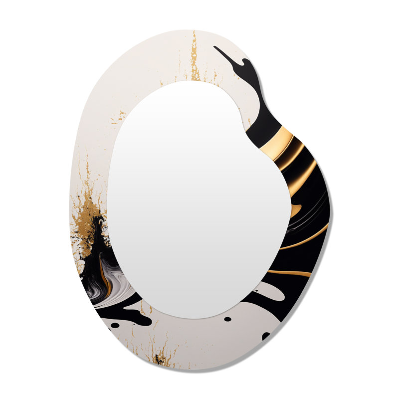 Black And Gold Wave - Abstract Unique Shape Wall Mirror, Modern Asymmetrical Decorative Mirror, Printed Metal Art
