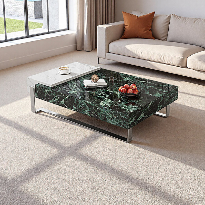 Table basse moderne avec pieds en métal, Blanc/vert, H 13,77 po x L 51,18 po x l 27,55 po