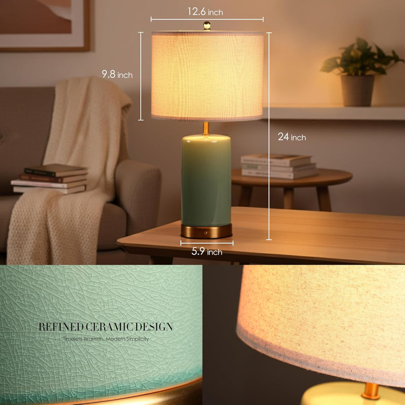 Classic Ceramic - Battery Powered Table Lamp, Rechargeable Cordless Ceramic Lamp, Full-Size 24 Inch Height, 4-Level Dimming, Smart Safety Protection, Type-C Fast Charging, LED Bulb Included