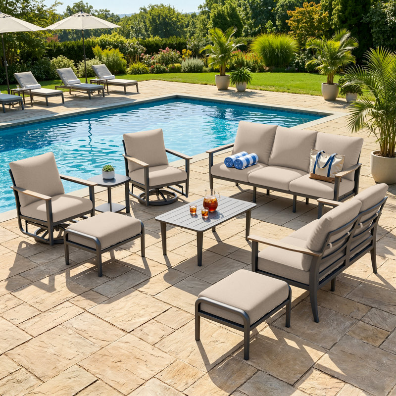 Ensemble de conversation pour patio extérieur 9 personnes avec 2 chaises berçantes pivotantes, 2 poufs, une table basse et une table d'appoint