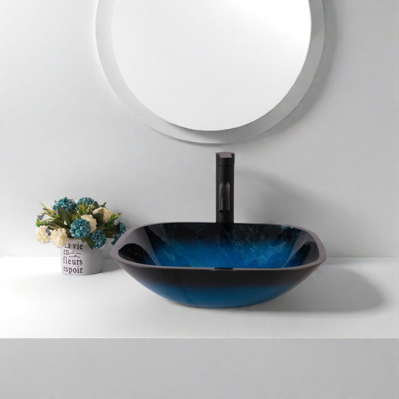 Bathroom Artistic Tempered Glass Vessel Bathroom Sink With Faucet And Pop-Up Drain, Blue