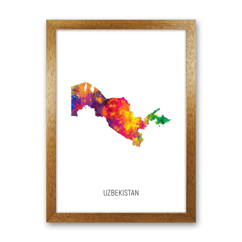 Uzbekistan Watercolour Map by Michael Tompsett - Print, 34cm H x 25cm W x 3cm D, Brown Framed