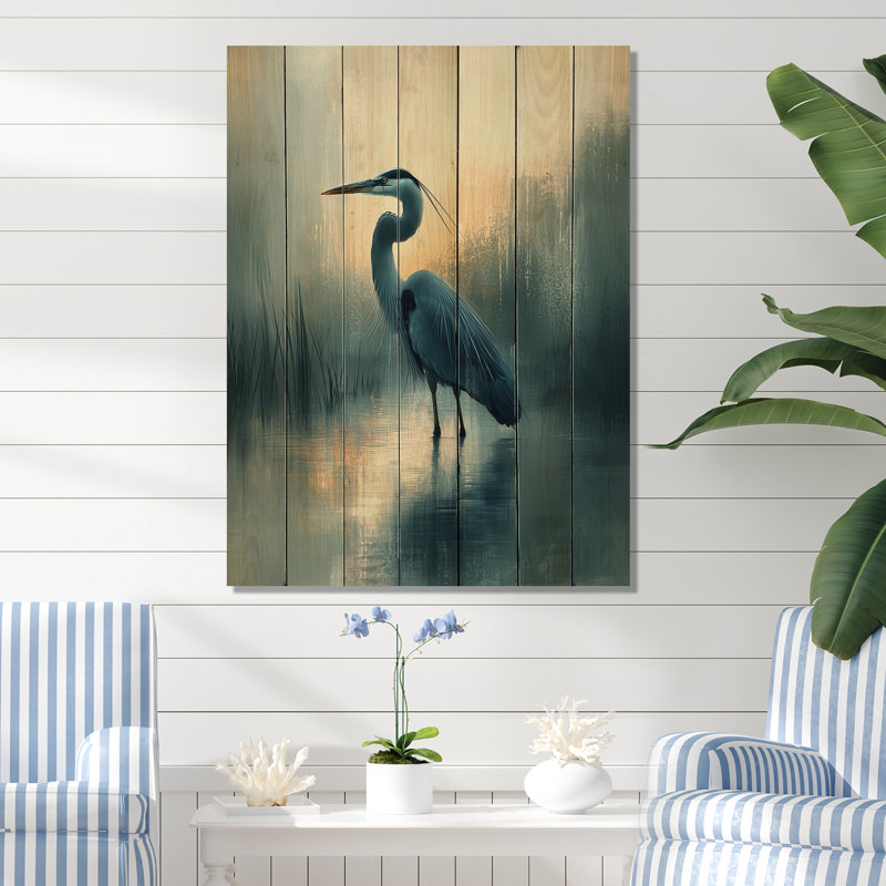 Minimalism Heron At The Farm Lake I - Heron Animal Wood Wall Decor - On Natural Pine Wood, 32" H x 24" W x 0.78" D