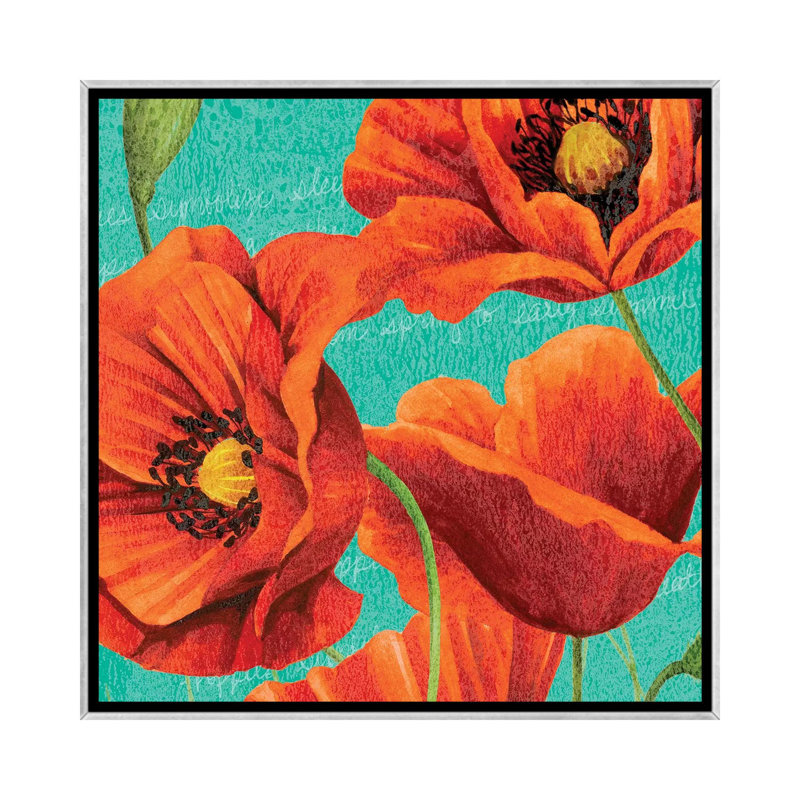 Coquelicots rouges sur bleu sarcelle I par Studio W - reproduction, Silver Frame, 37" H x 37" W x1.5" D, Pas de tapis