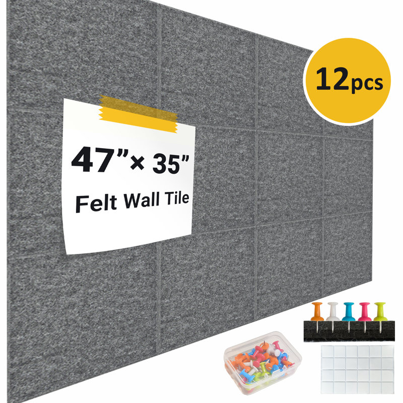 Textured Felt Wall Panels, Reusable Bulletin Boards, 12-Piece Set, With Pushpins, Grey
