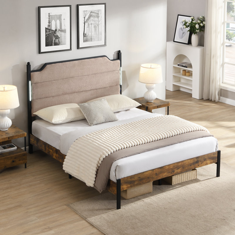 Queen  Bed Frame , Upholstered Headboard  With Charging  And Touch Sensitive LED Lights, Under Bed Storage, No Box Spring Needed,Noise Free