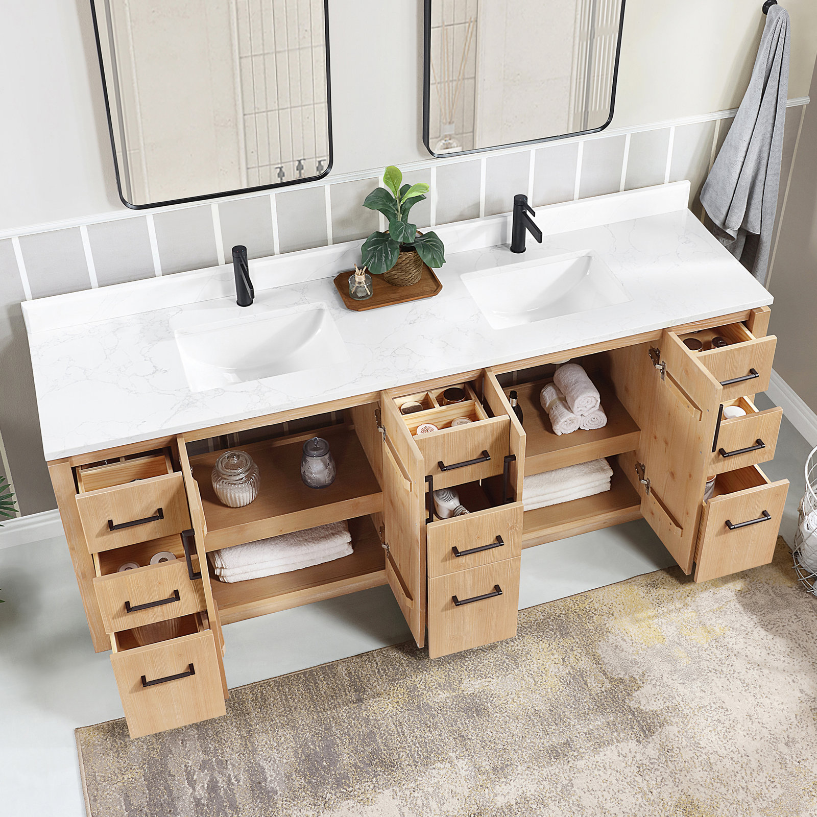 Cloverfield 84'' Double Bathroom Vanity, Fir Wood Brown, Matte Black