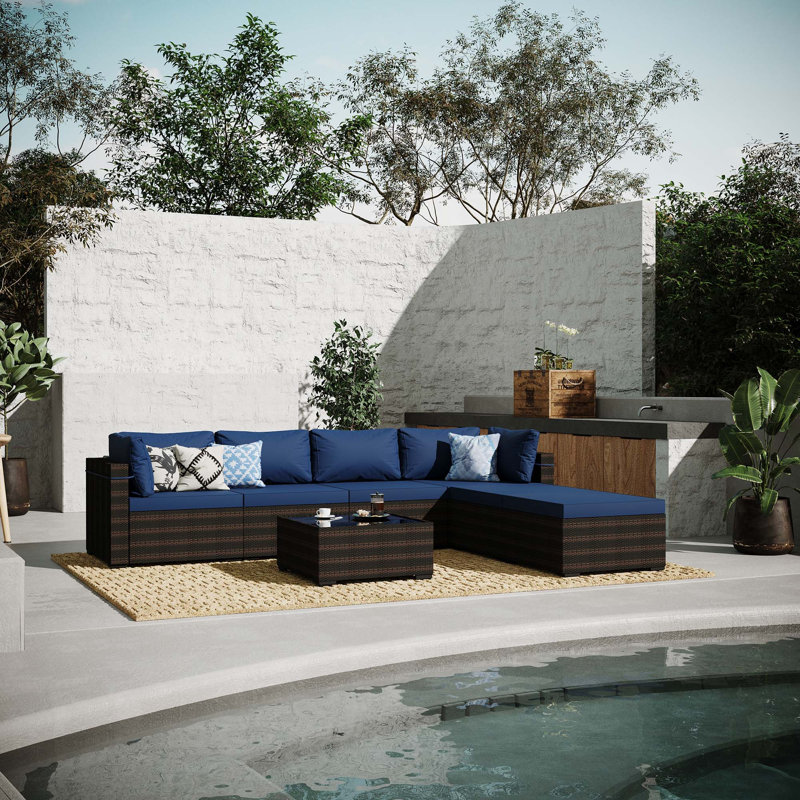 Ensemble de conversation modulaire avec coussins 7 pièces Etheredge, Bleu marine
