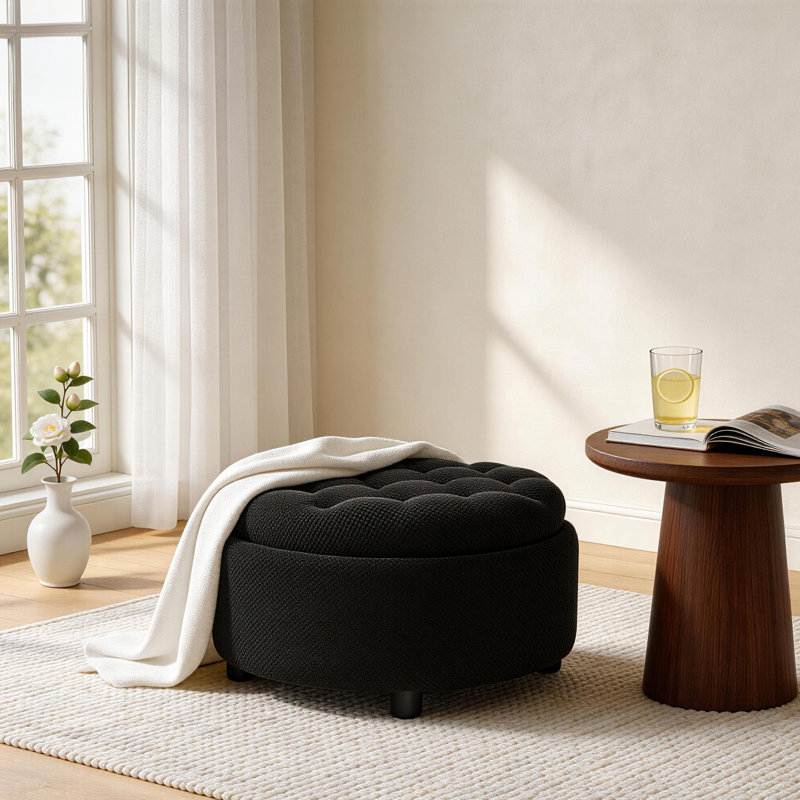 Table basse avec repose-pieds capitonné rond de 25 pouces avec rangement, table basse moderne avec rangement et couvercle amovible