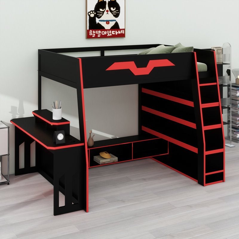 Modern Loft Bed Combining Study Area, Extensive Storage, Dynamic RGB Lighting, and Flexible Table Positioning, Red