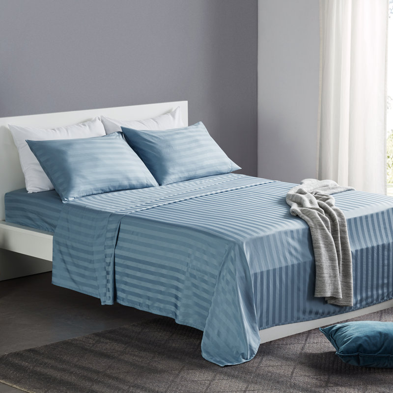 Stone Blue Twin Satin Damask Stripe Sheet Set