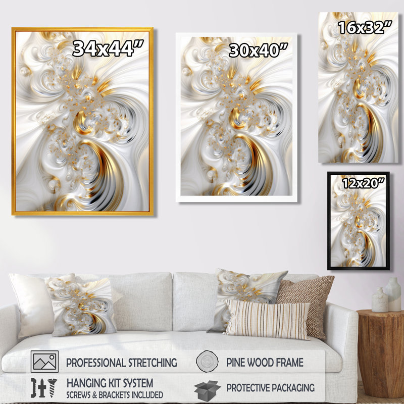 «Whirling River Dynamics Gold and White II - Abstract Spirals», art mural, H 44 po x l 34 po, Cadre flottant brun