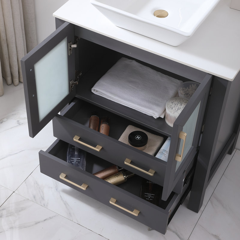Meuble-lavabo autoportant simple 30 po gris foncé avec plateau en céramique