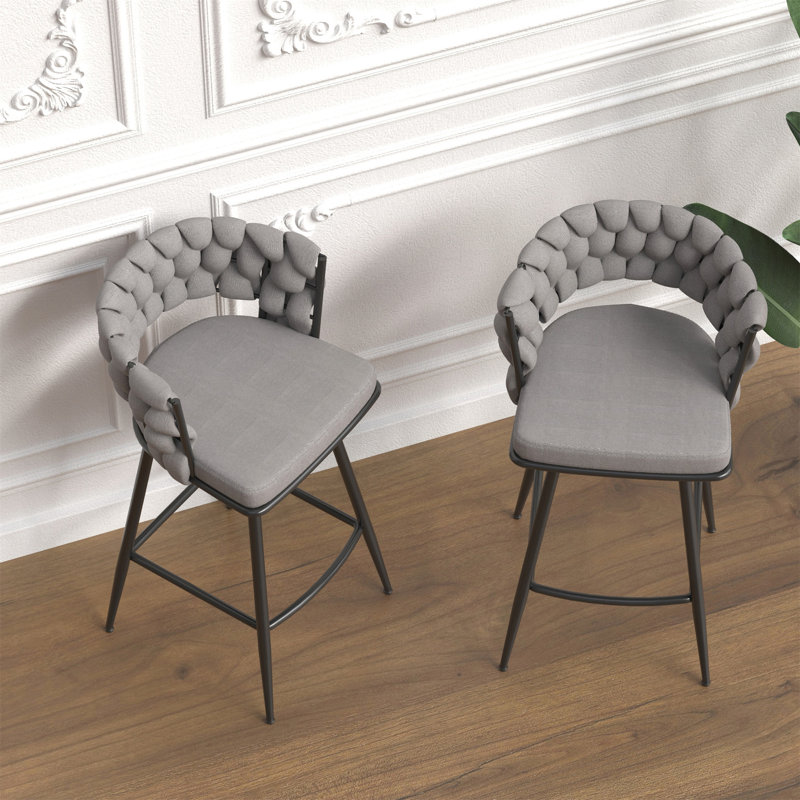 Ensemble de 2 tabourets de bar pivotants de 26 pouces avec dossier tissé et rotation à 360 degrés, Lin lin, Gris